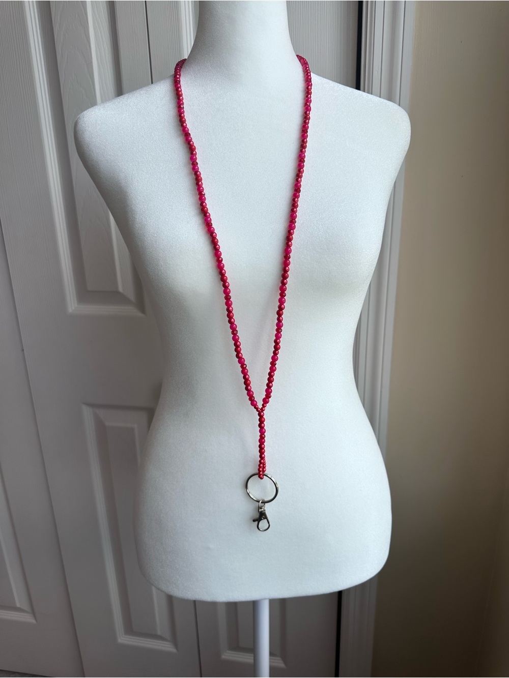 Red Beaded Lanyard Necklace with Keyring